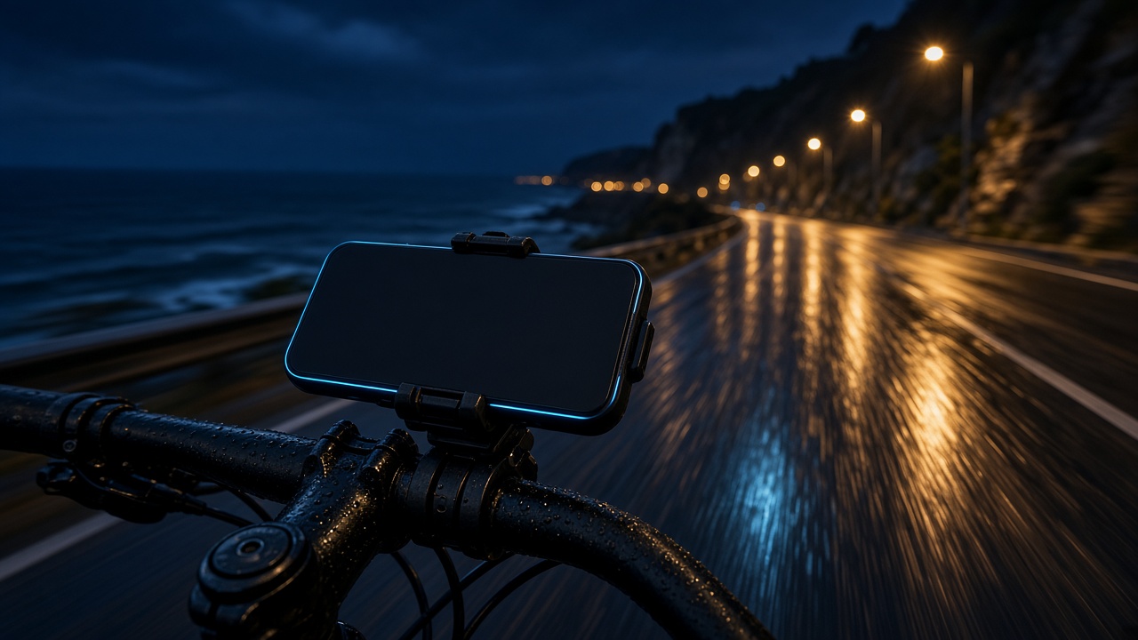 Celular preso ao guidão, numa estrada costeira molhada ao anoitecer.