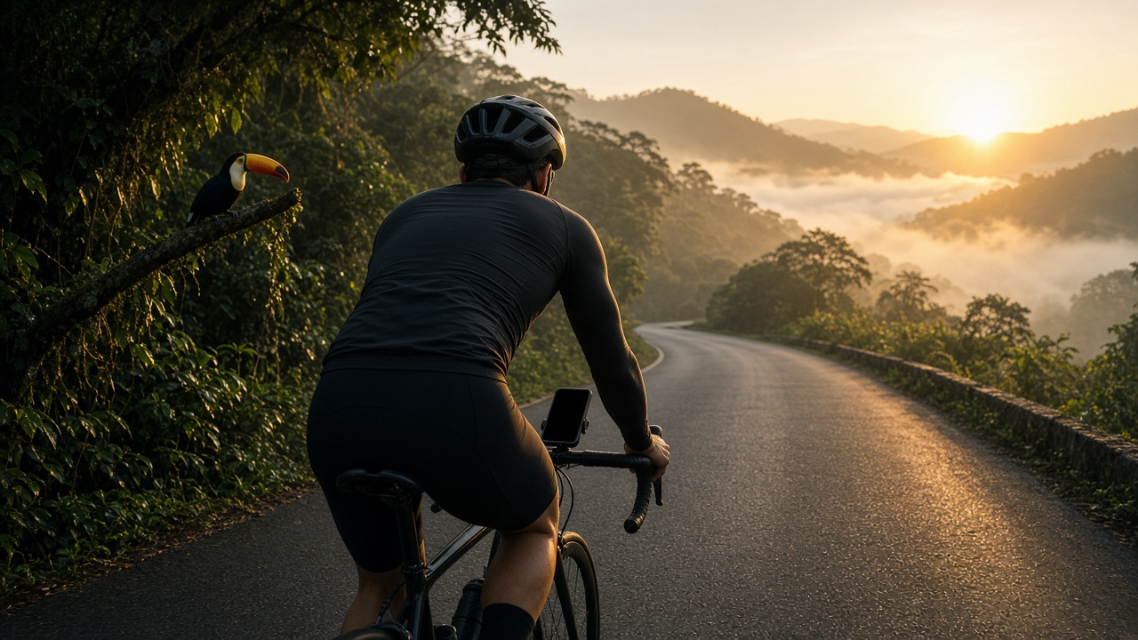 Ciclista numa estrada de mata ao amanhecer, com um tucano no galho e o celular no guidão.