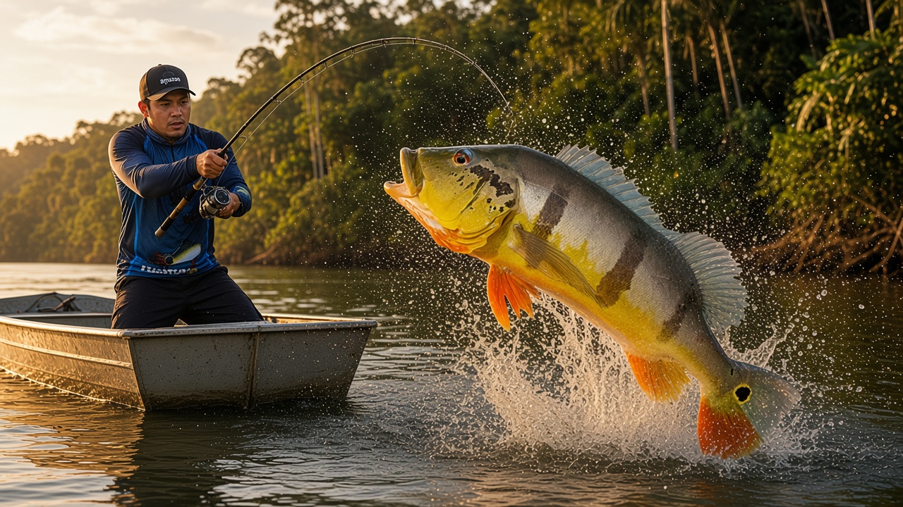 Tucunaré-açu saltando de um rio na Amazônia, ao lado do barco.