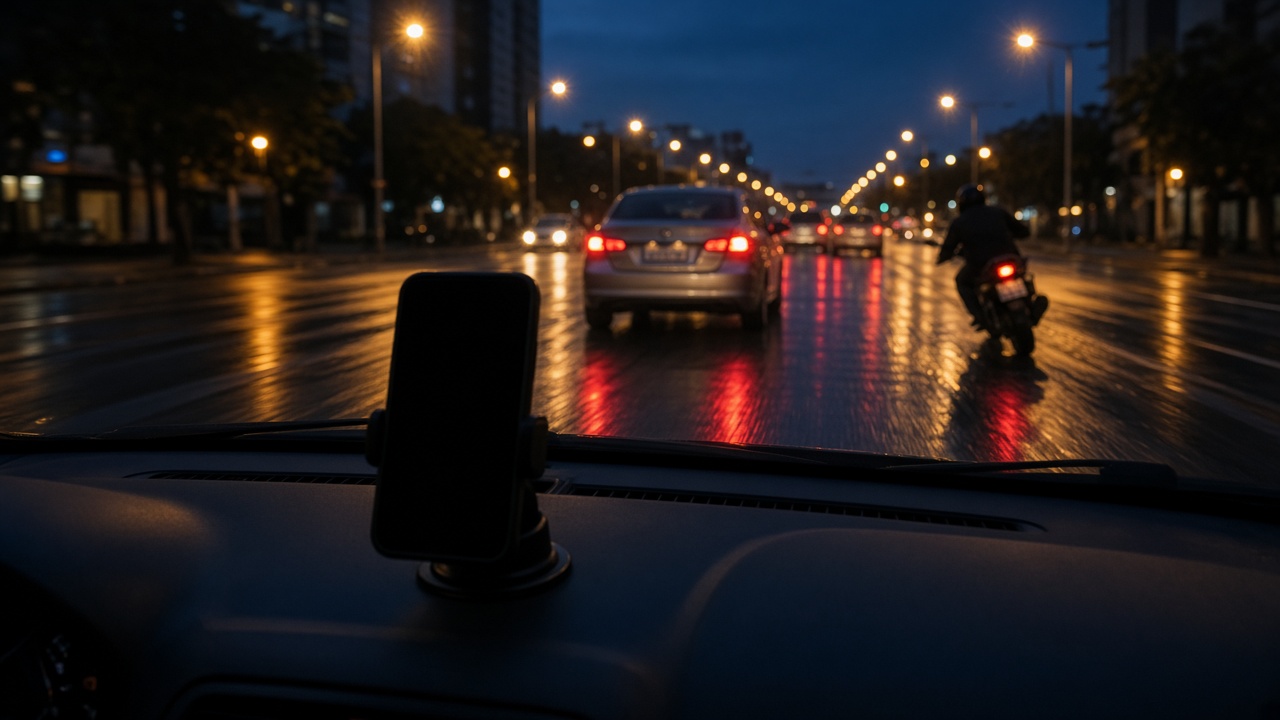 Avenida molhada ao anoitecer, carro freando e moto ao lado, celular no painel.